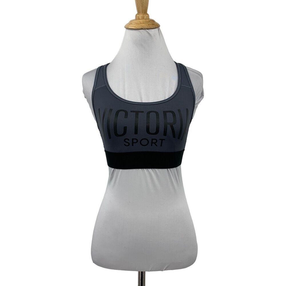 Victorias Secret Sport Bra Womens S Small Gray Racerback Logo Front Banded